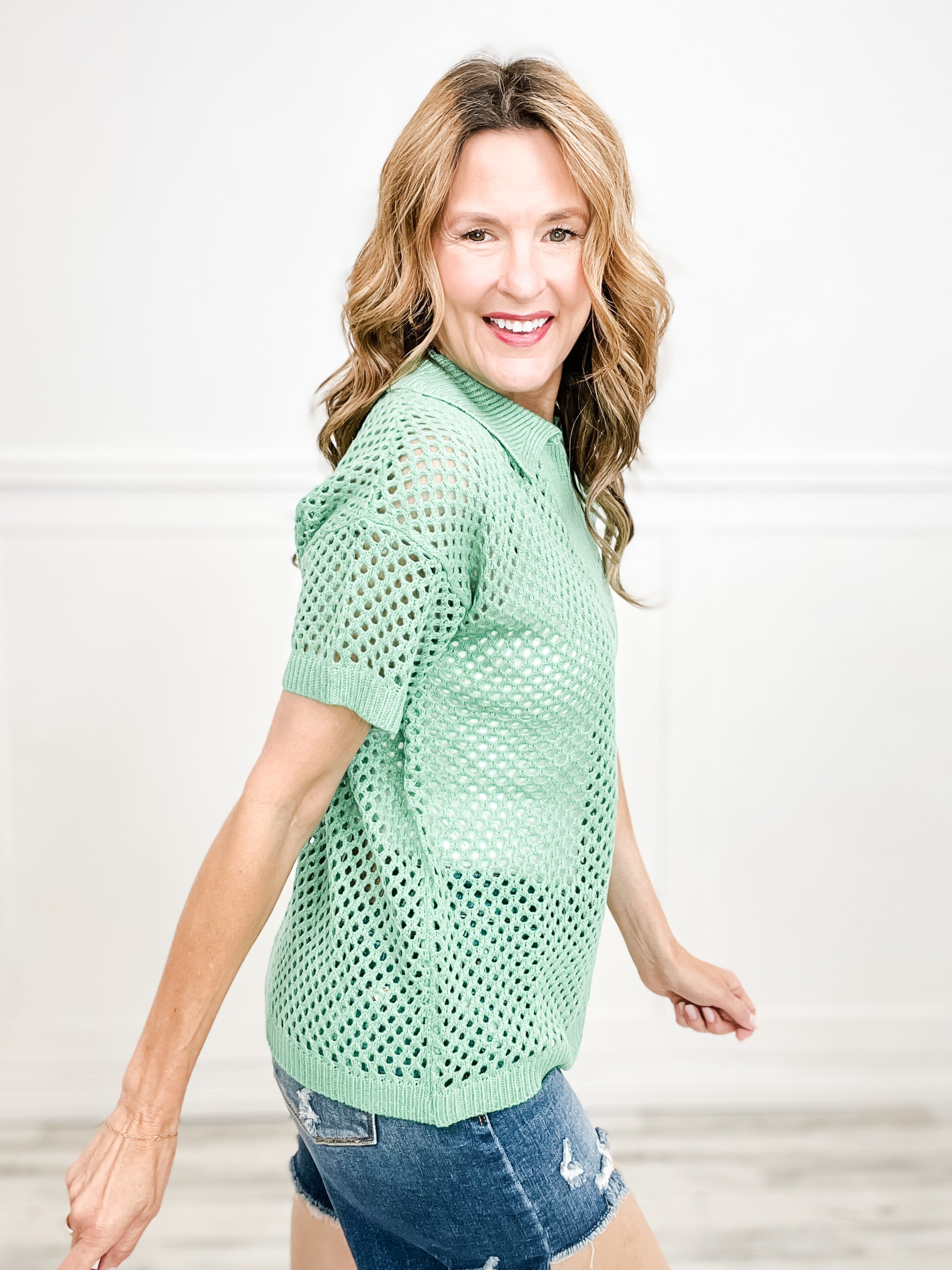 One More Time Short Sleeve Mesh Like Polo Top