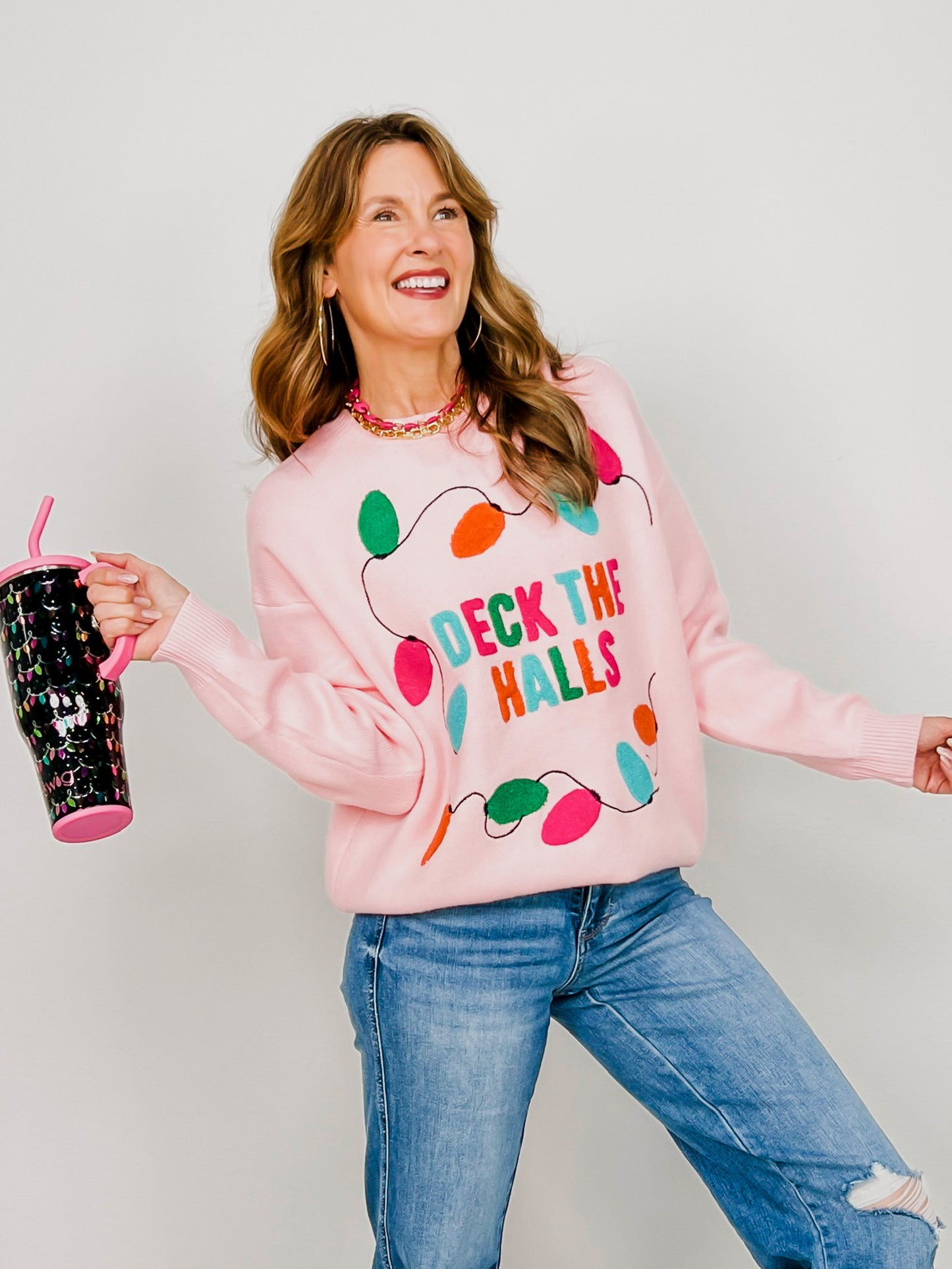 Deck The Halls Pink Christmas Holiday Sweater