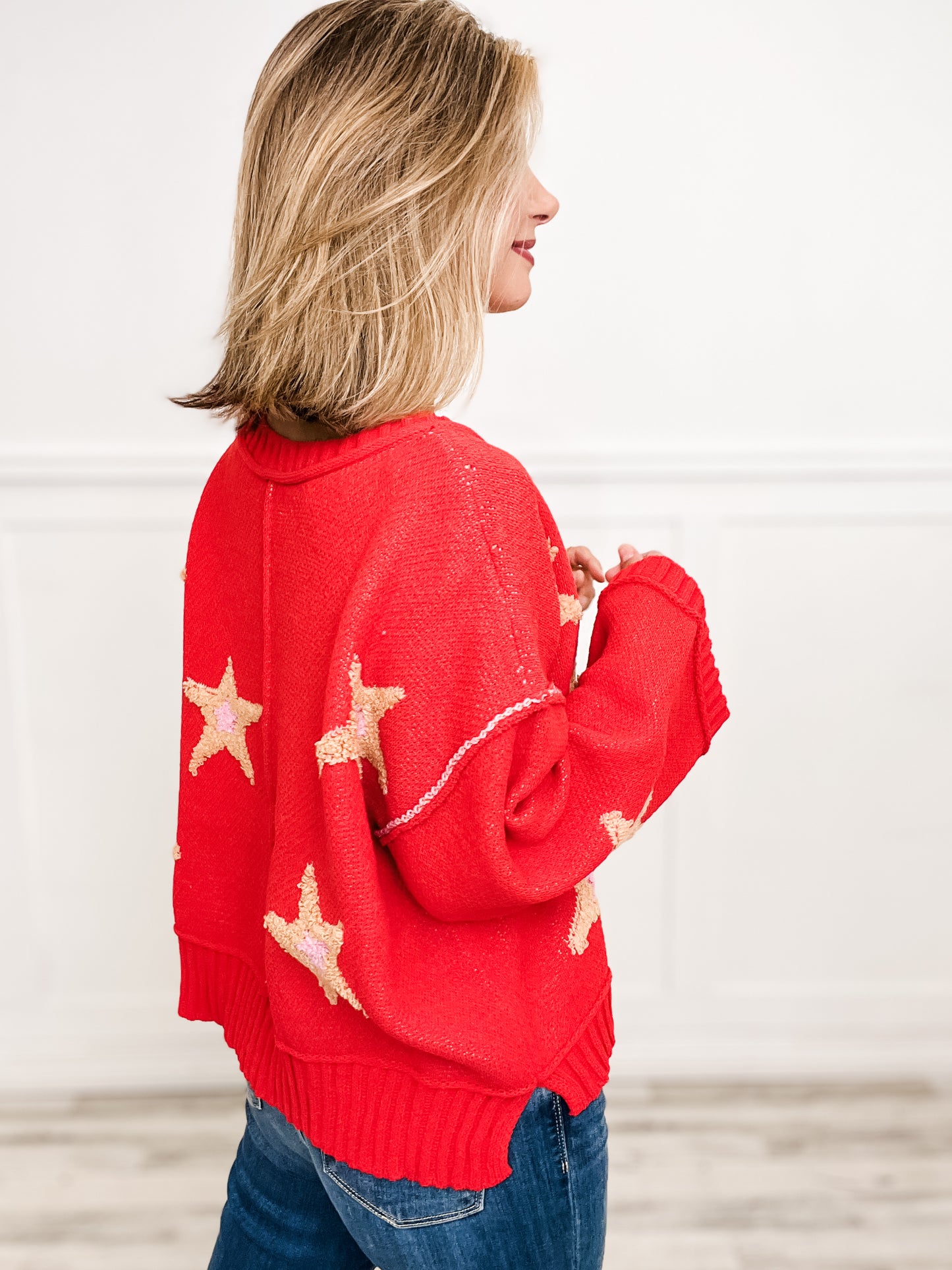 V neck long sleeve star berber patch sweater