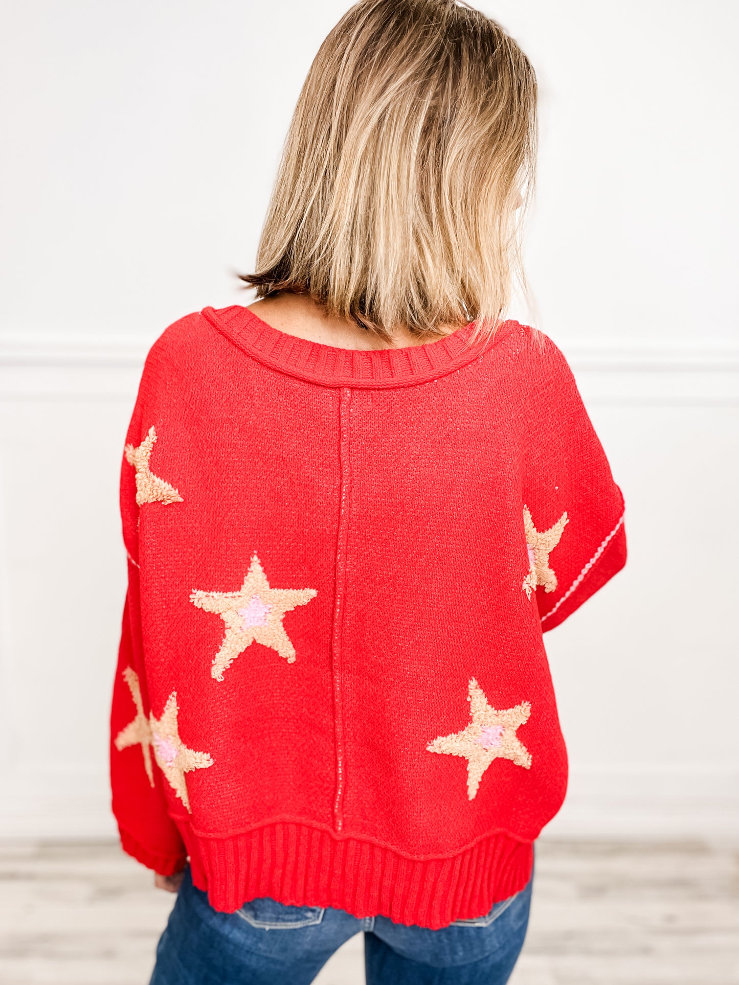 V neck long sleeve star berber patch sweater