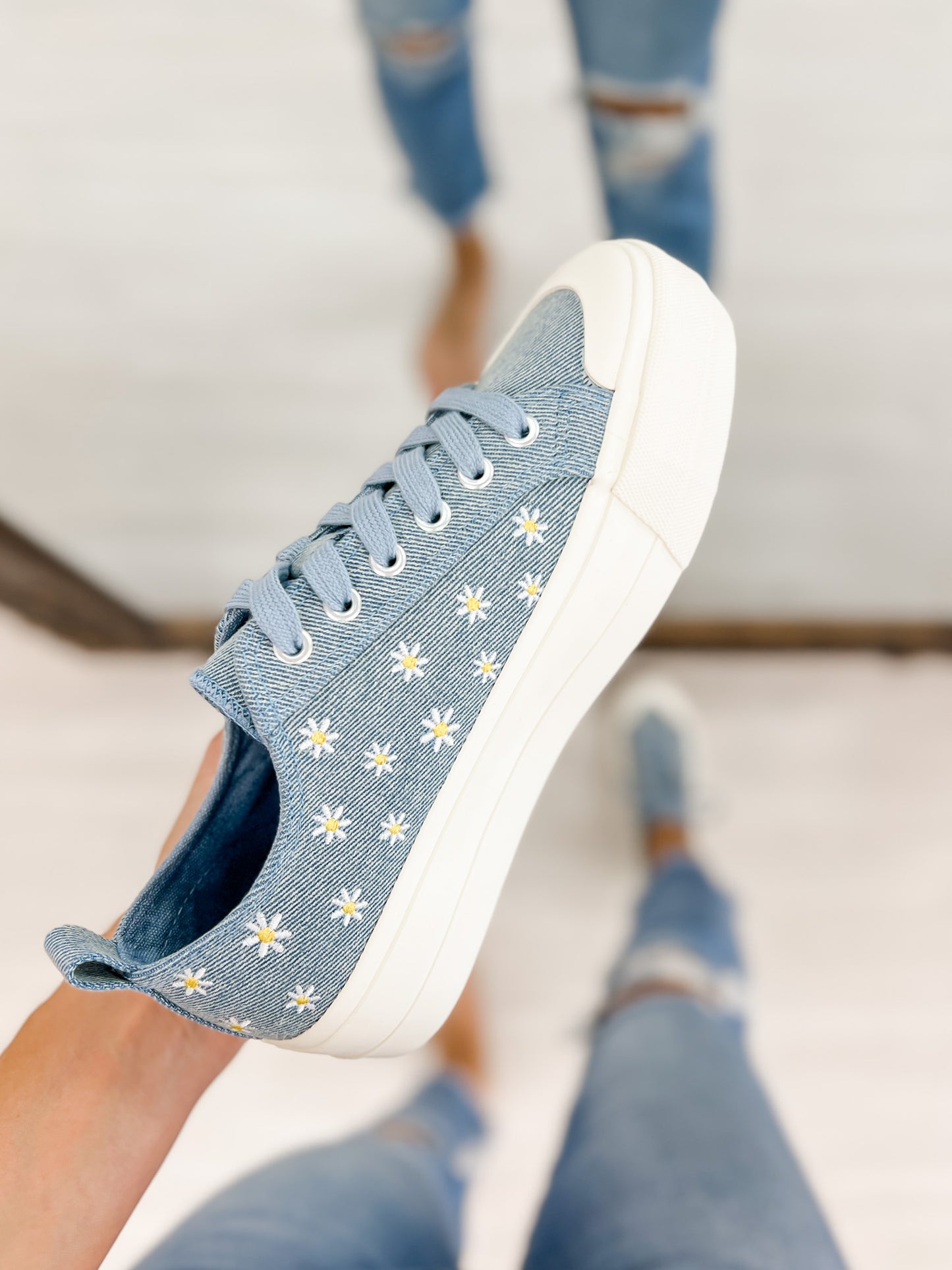 Corkys Take The Lead Tennis Shoes in Blue Denim Daisies