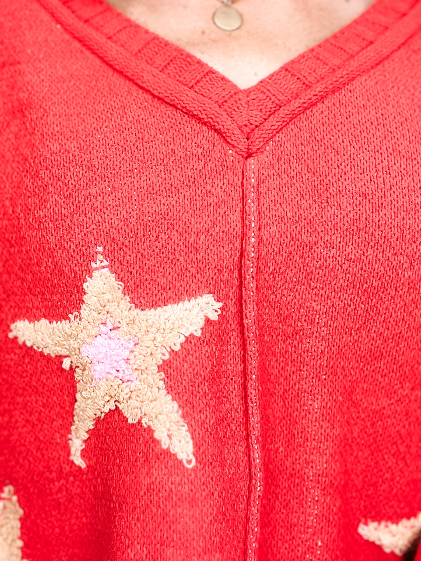 V neck long sleeve star berber patch sweater