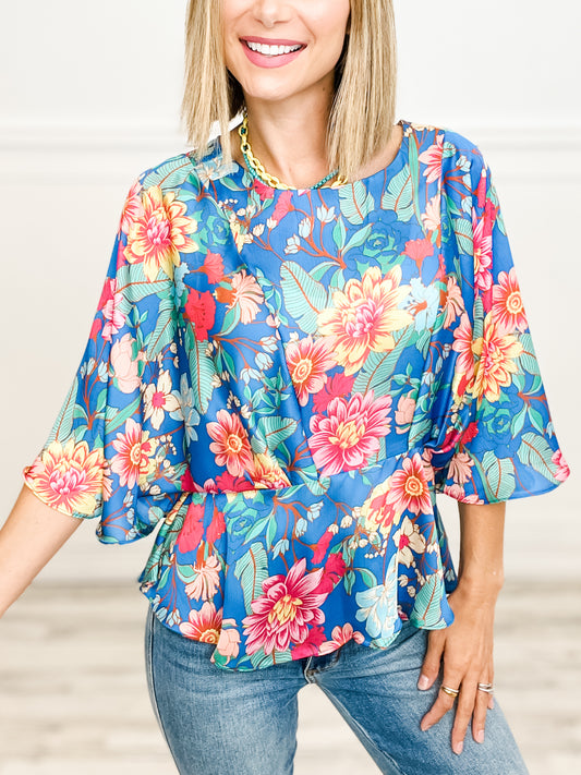 Floral Print Pleated Round Neck Kimono Sleeve Top