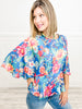 Floral Print Pleated Round Neck Kimono Sleeve Top