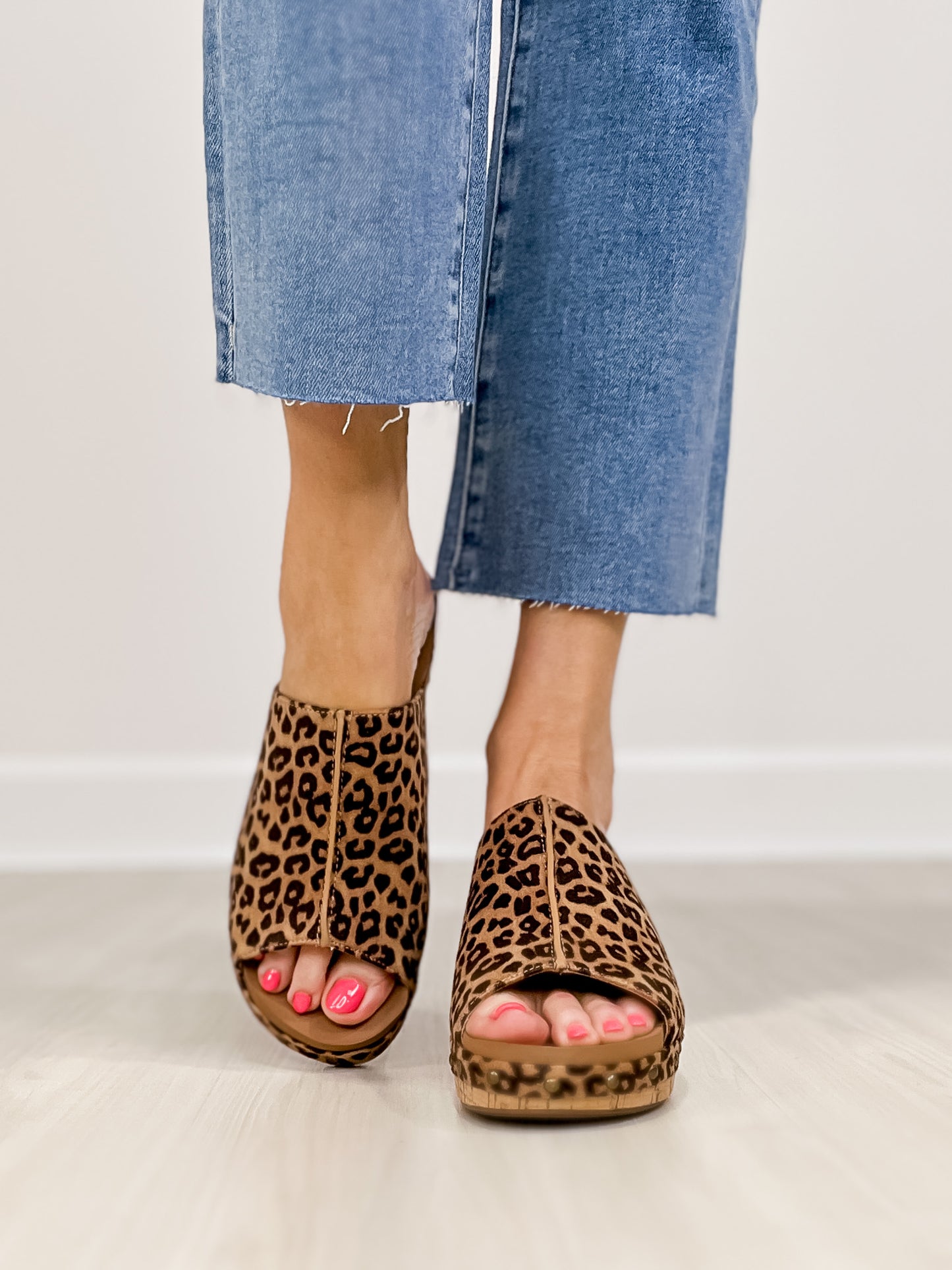 Corkys Hissy Fit Open Toe Cork Wedges in Tan Leopard