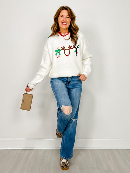Christmas Joy Embroidered 3D Yarn Knit Sweater Top