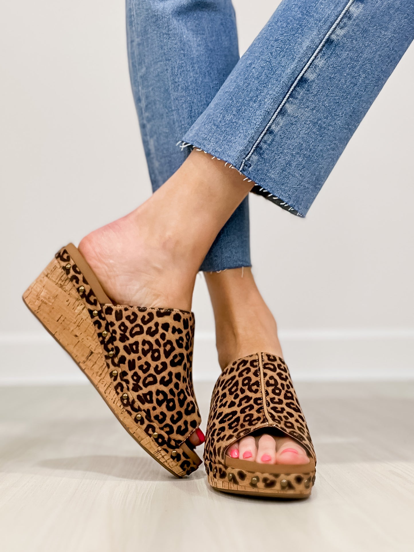 Corkys Hissy Fit Open Toe Cork Wedges in Tan Leopard