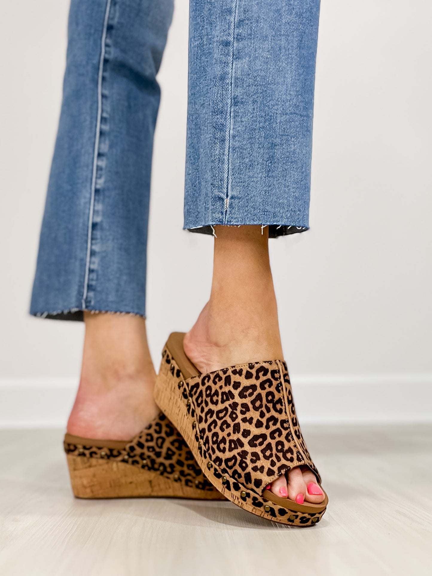 Corkys Hissy Fit Open Toe Cork Wedges in Tan Leopard