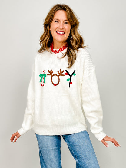 Christmas Joy Embroidered 3D Yarn Knit Sweater Top