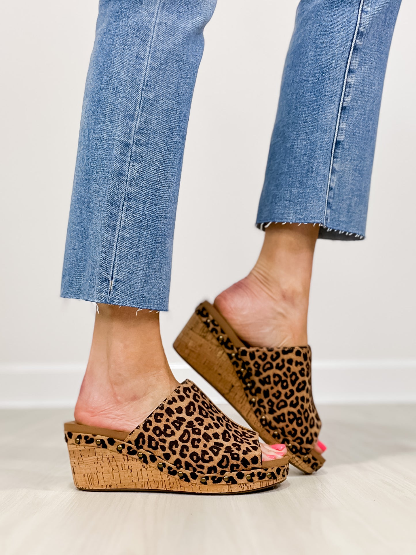 Corkys Hissy Fit Open Toe Cork Wedges in Tan Leopard