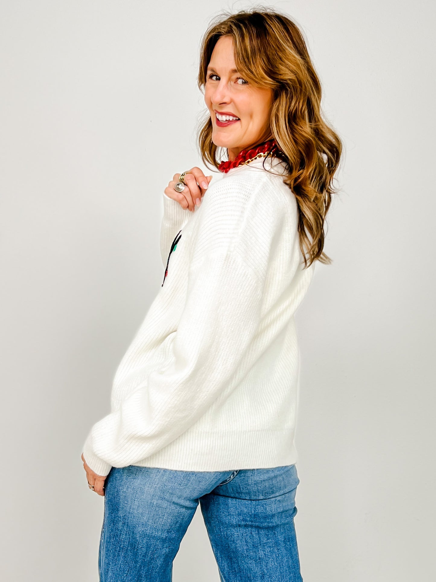 Christmas Joy Embroidered 3D Yarn Knit Sweater Top