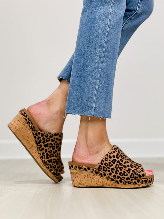 Corkys Hissy Fit Open Toe Cork Wedges in Tan Leopard