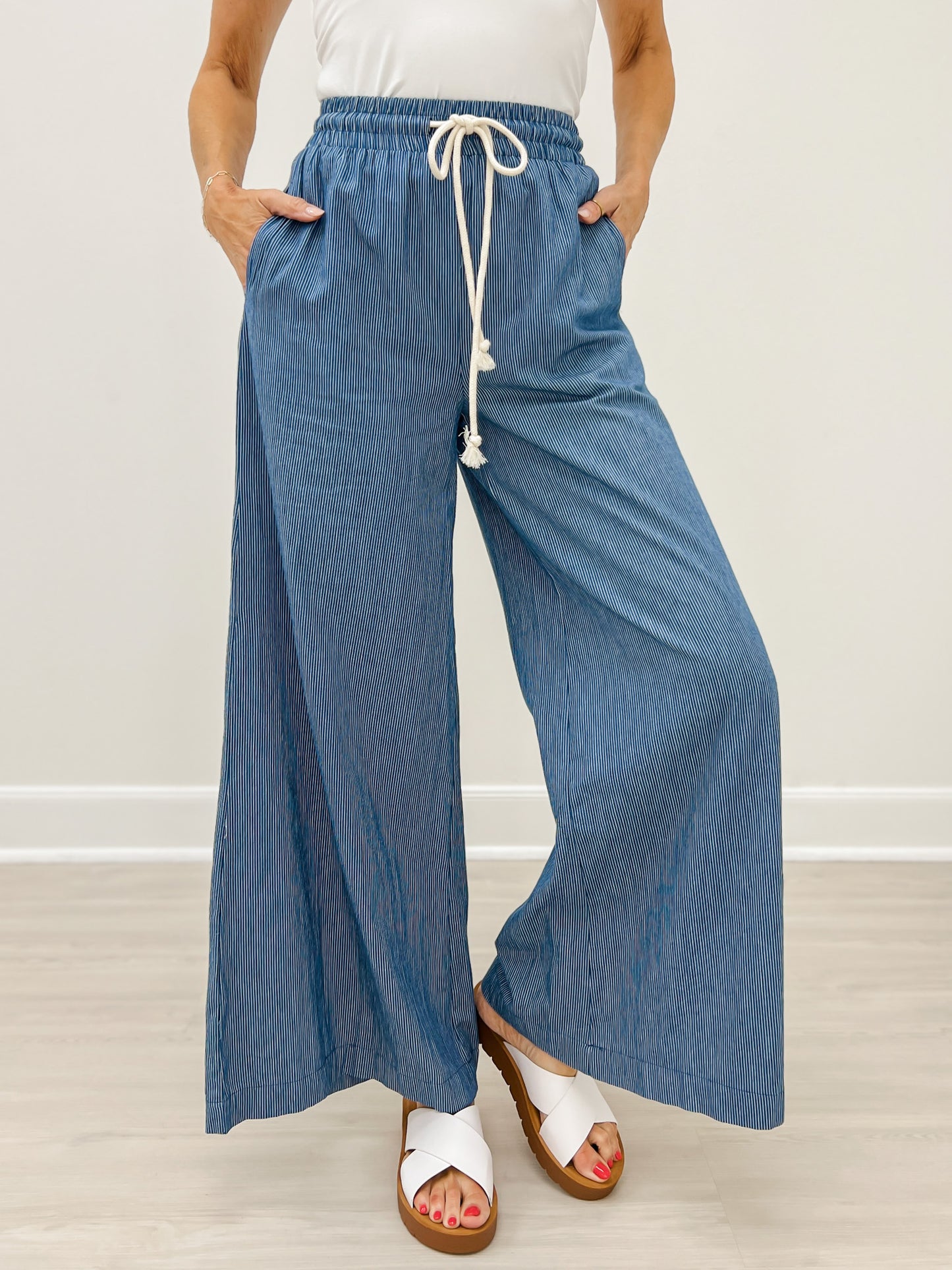 Washed Pinstriped Tie Waist Wide Leg Pants