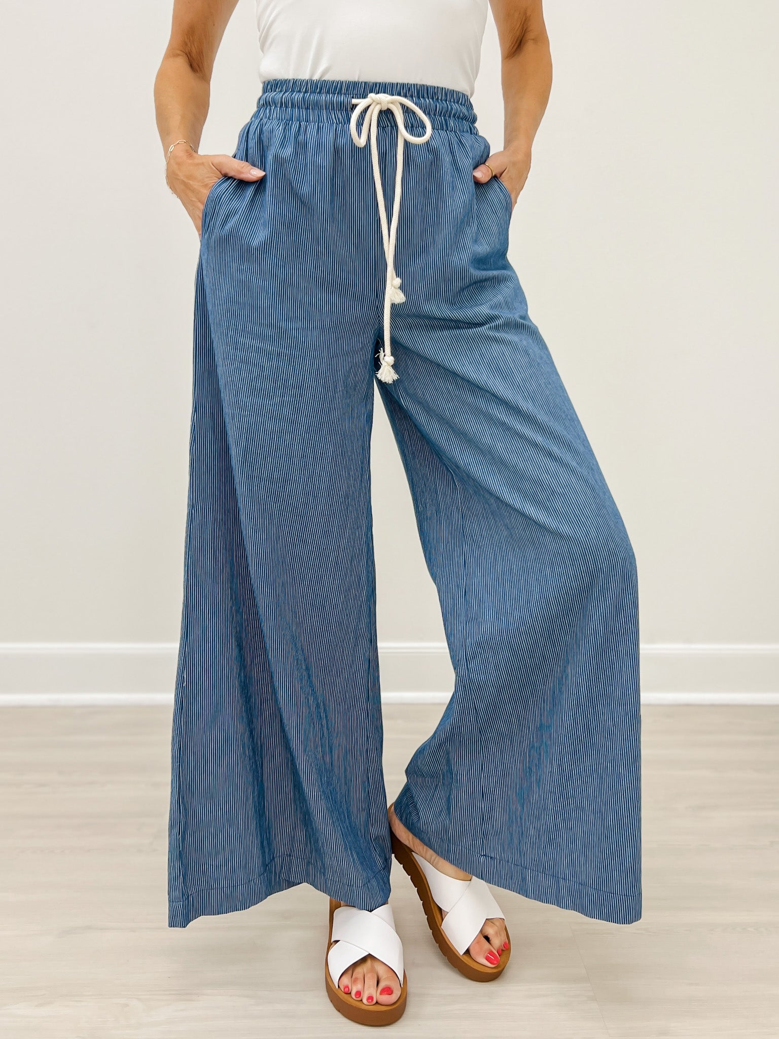 Washed Pinstriped Tie Waist Wide Leg Pants