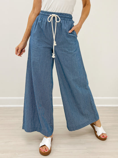 Washed Pinstriped Tie Waist Wide Leg Pants
