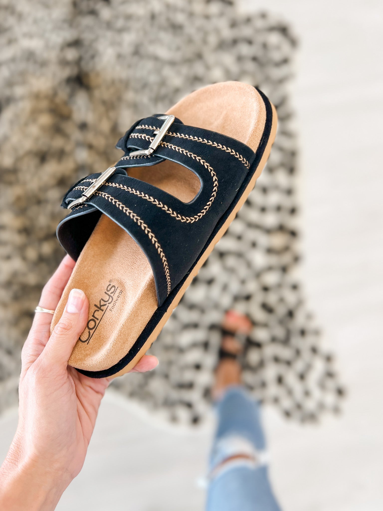 Corkys Smitten Double Buckle Sandals in BLACK FAUX SUEDE