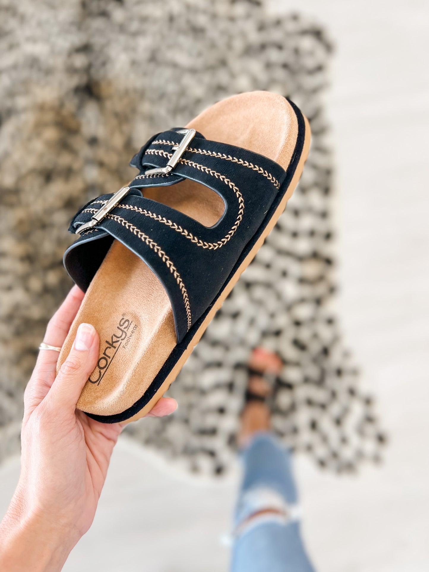 Corkys Smitten Double Buckle Sandals in BLACK FAUX SUEDE