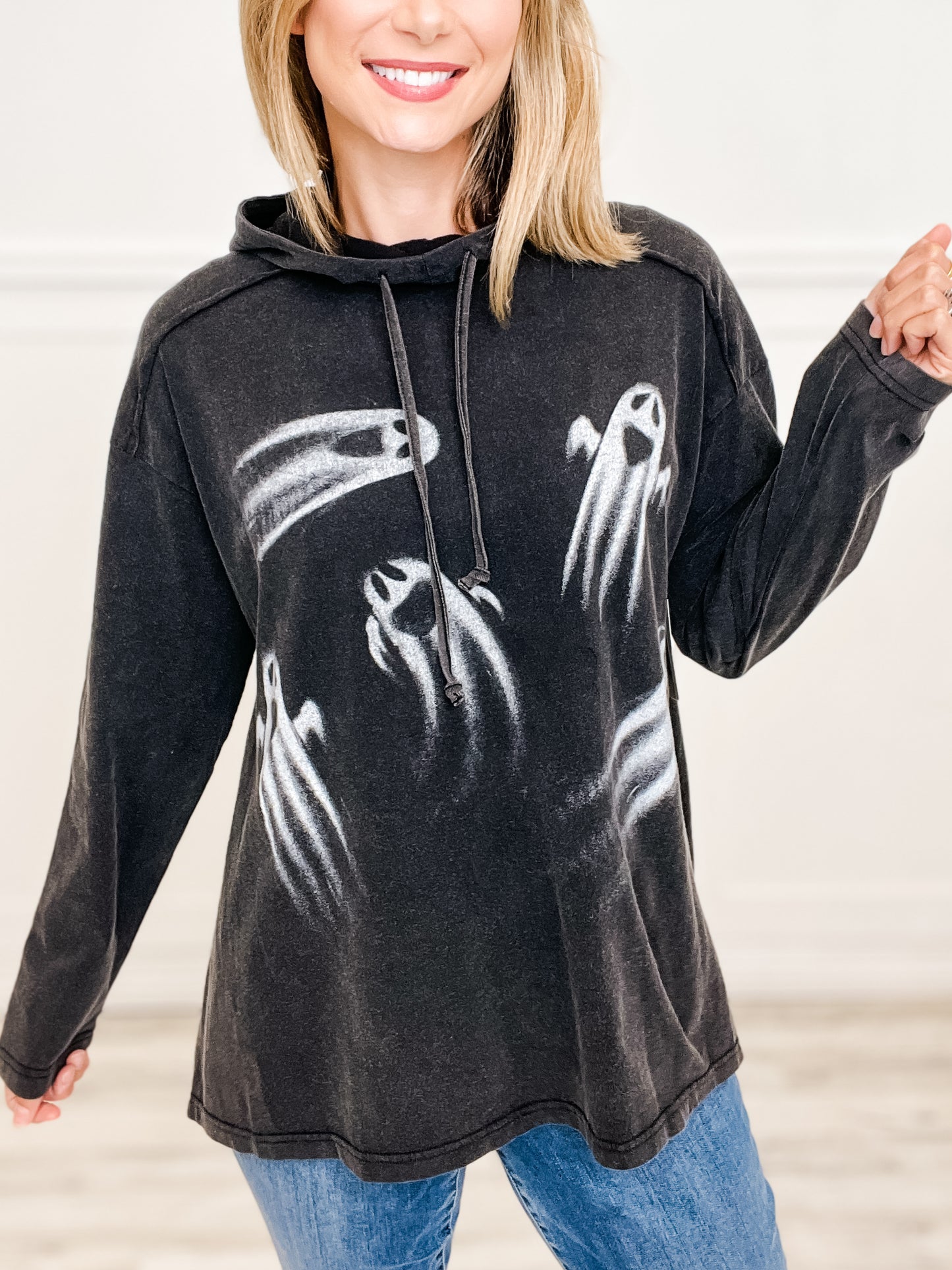 Washed Cotton Ghost Printed Hooded Top