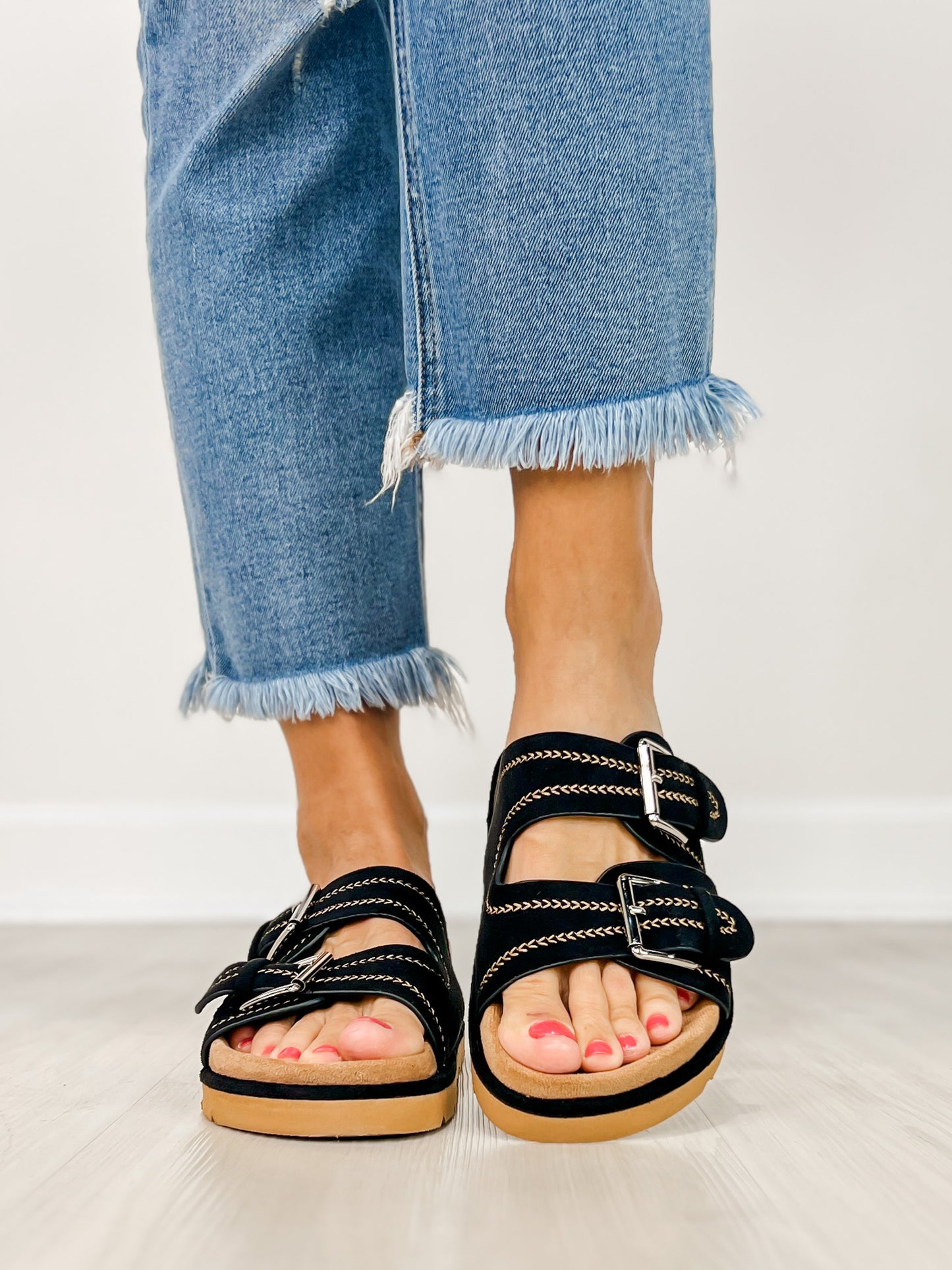 Corkys Smitten Double Buckle Sandals in BLACK FAUX SUEDE