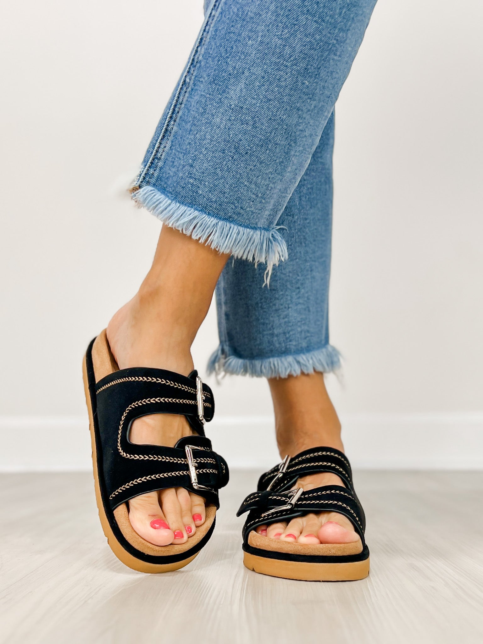 Corkys Smitten Double Buckle Sandals in BLACK FAUX SUEDE
