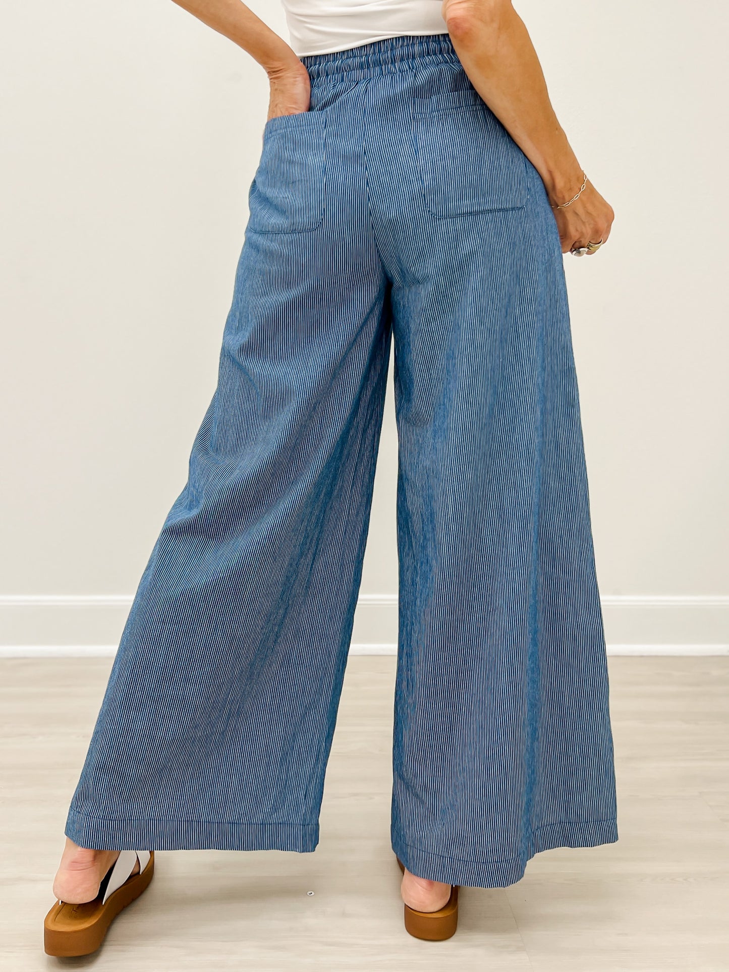 Washed Pinstriped Tie Waist Wide Leg Pants