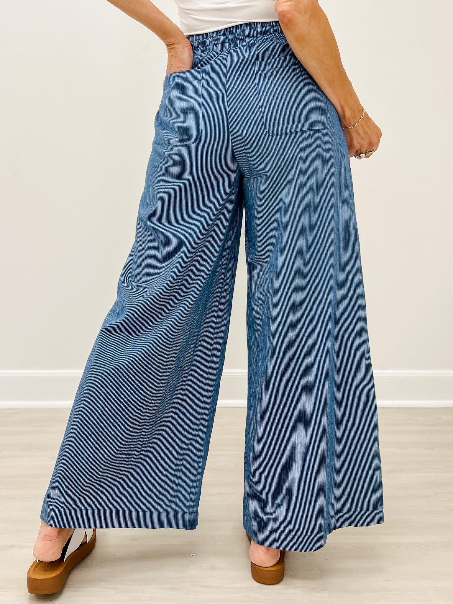 Washed Pinstriped Tie Waist Wide Leg Pants