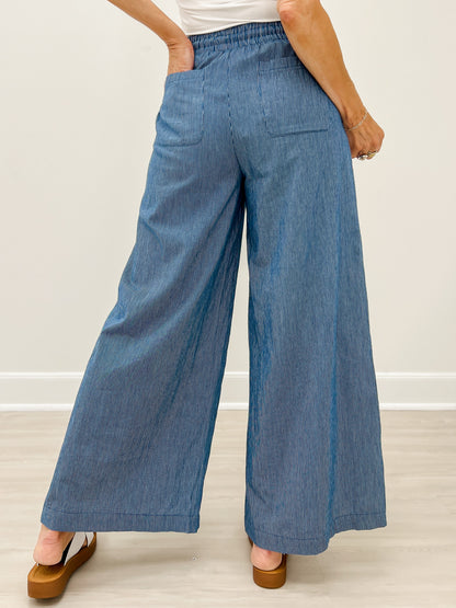 Washed Pinstriped Tie Waist Wide Leg Pants