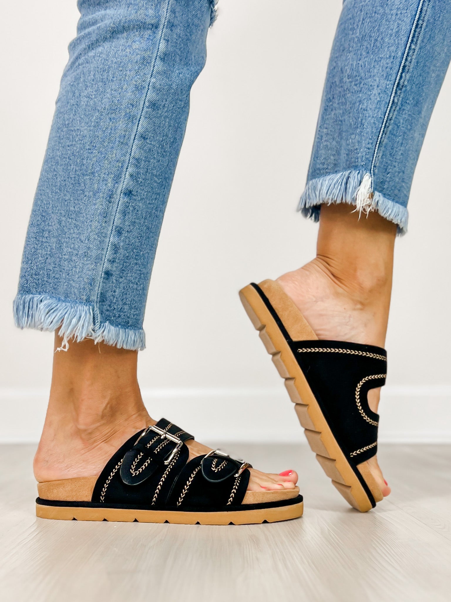 Corkys Smitten Double Buckle Sandals in BLACK FAUX SUEDE