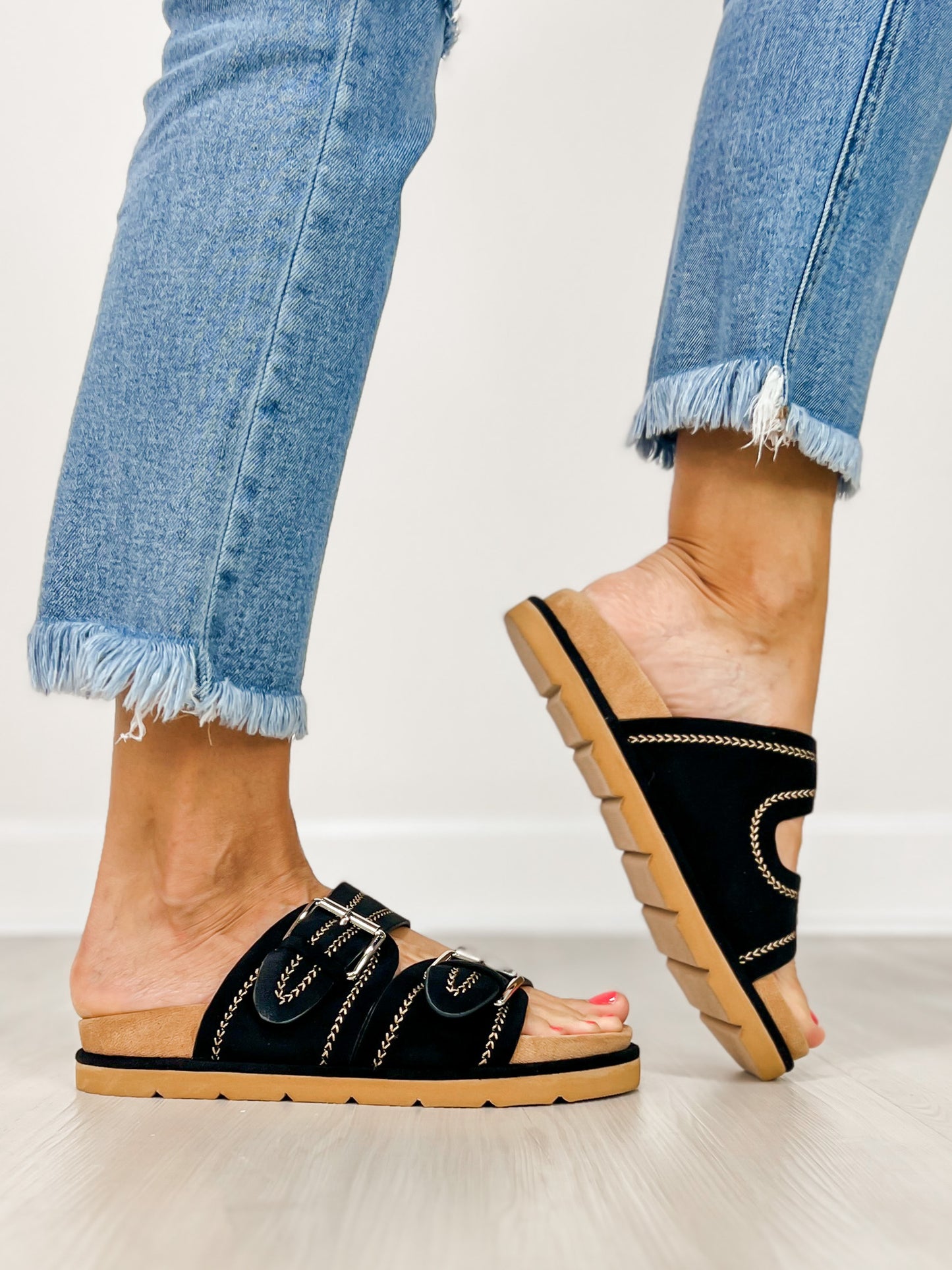 Corkys Smitten Double Buckle Sandals in BLACK FAUX SUEDE