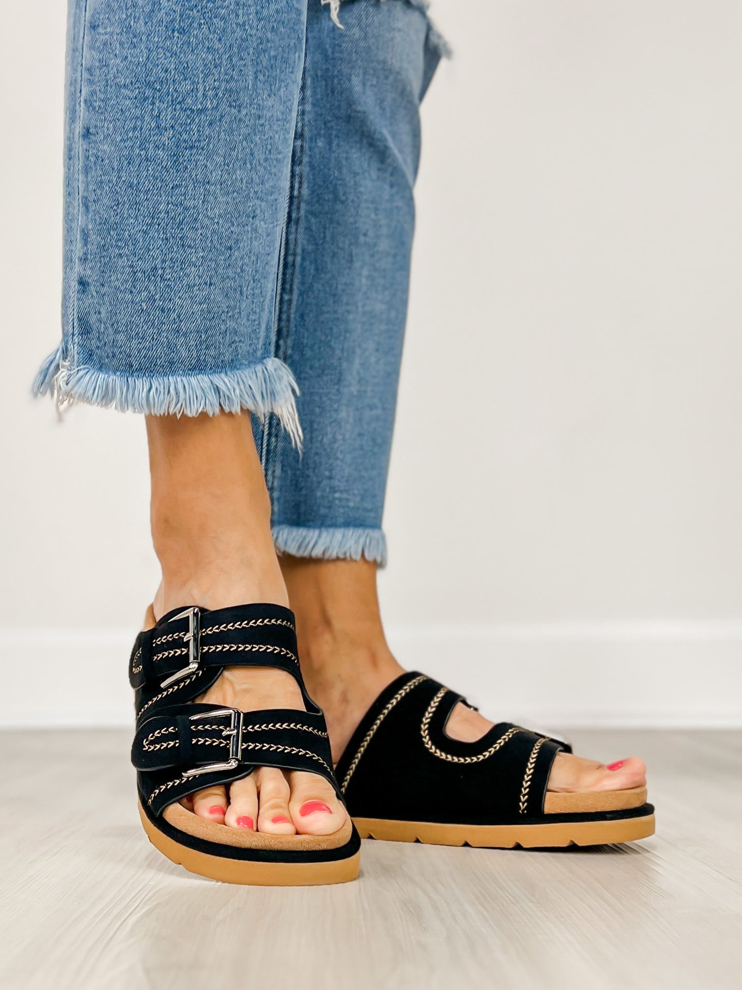 Corkys Smitten Double Buckle Sandals in BLACK FAUX SUEDE