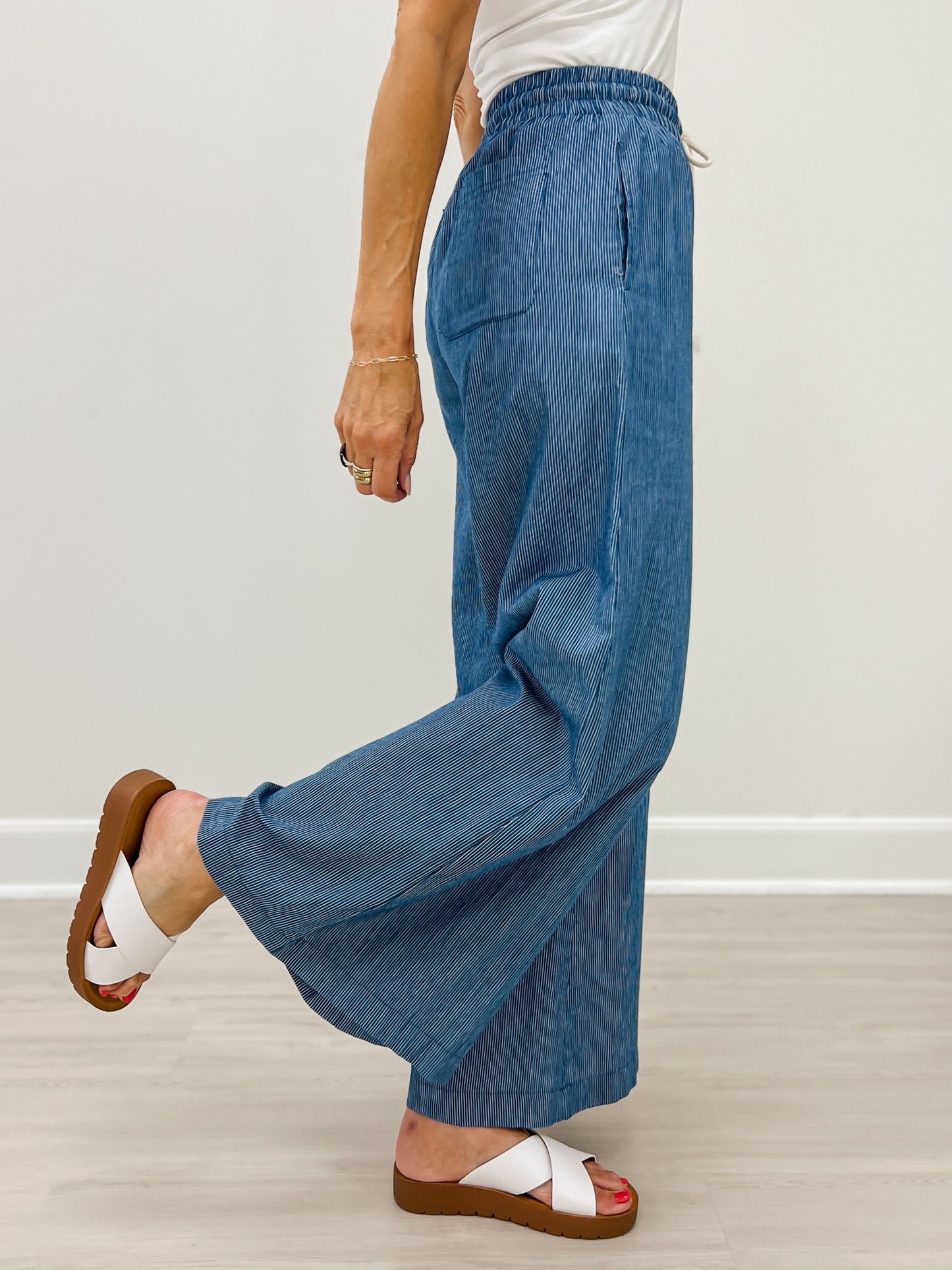 Washed Pinstriped Tie Waist Wide Leg Pants