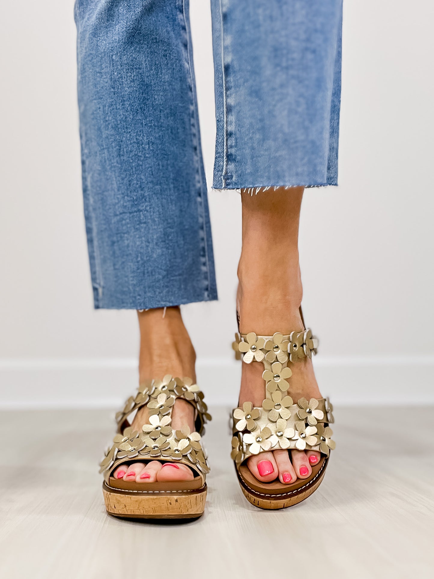 Corkys Mic Drop Floral Embellished Wedges in Gold Metallic