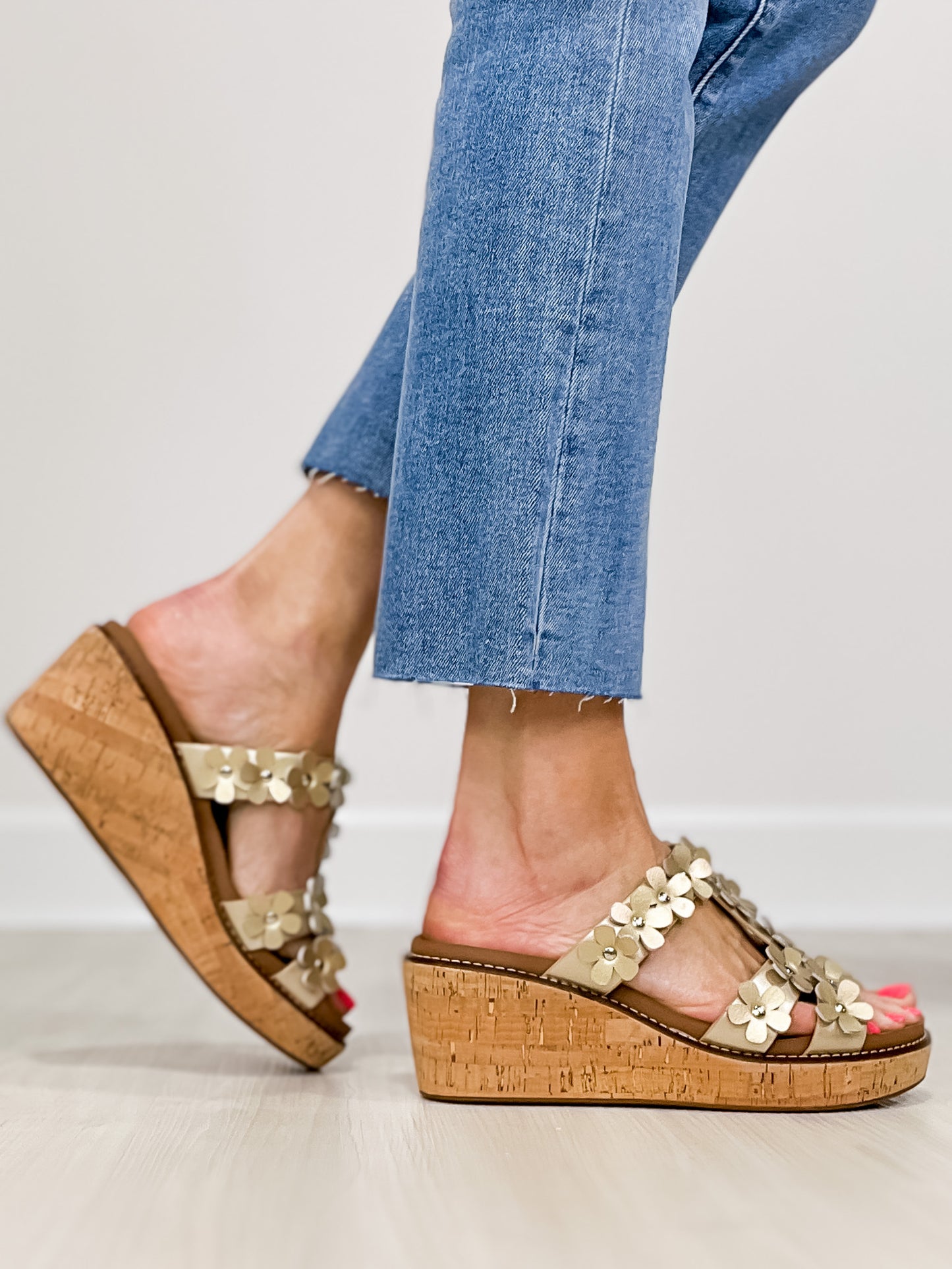 Corkys Mic Drop Floral Embellished Wedges in Gold Metallic