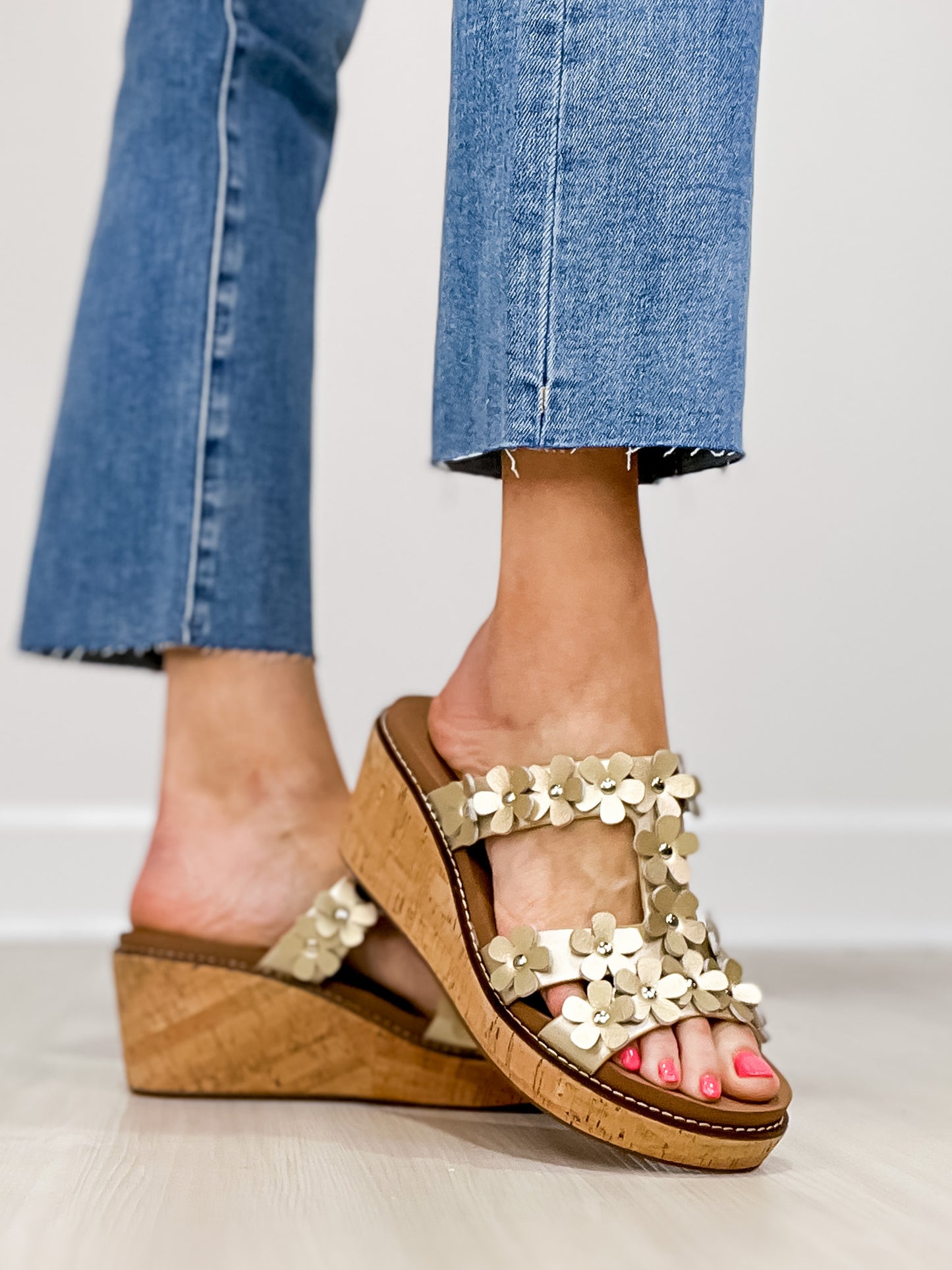 Corkys Mic Drop Floral Embellished Wedges in Gold Metallic