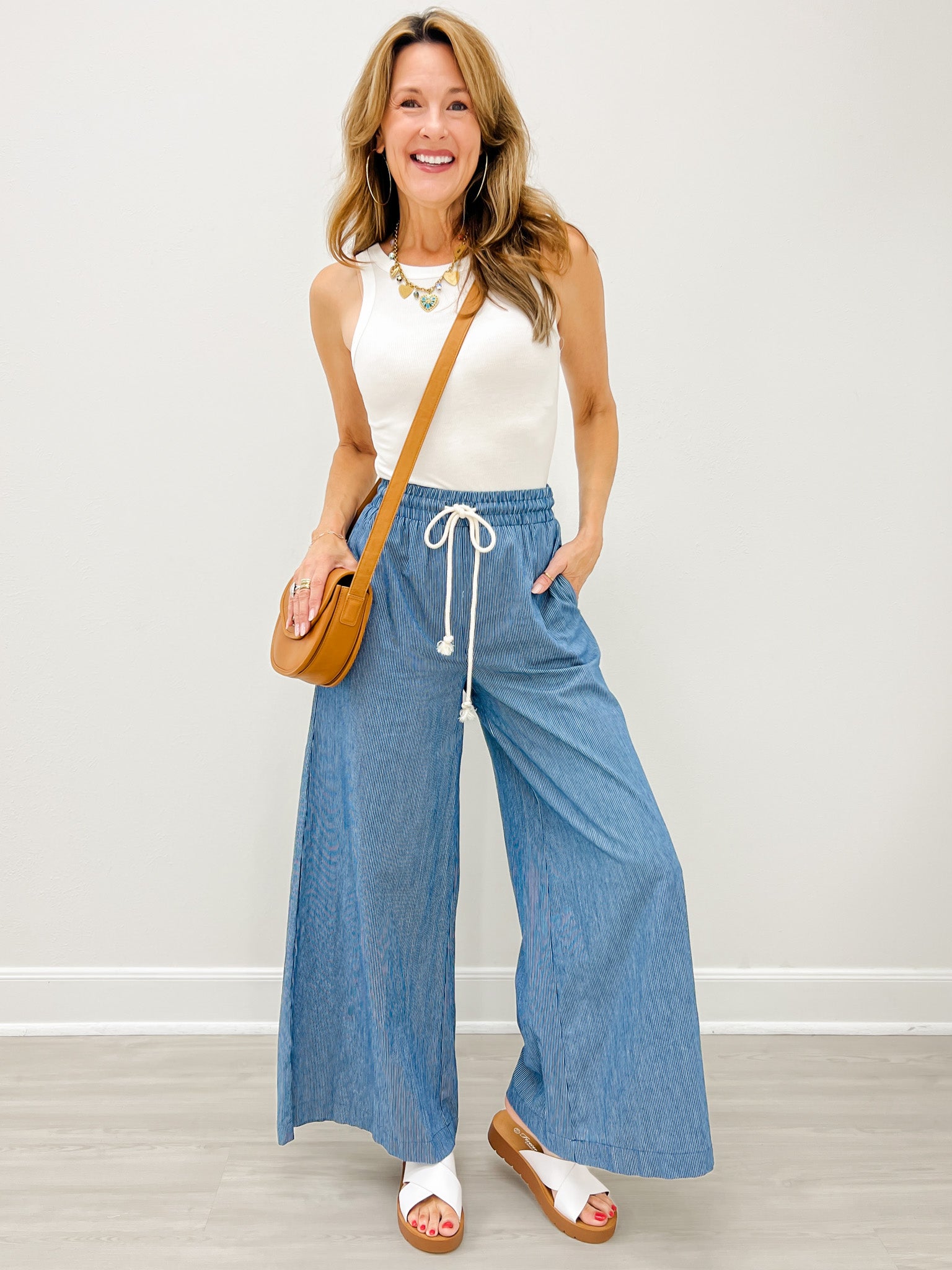 Washed Pinstriped Tie Waist Wide Leg Pants