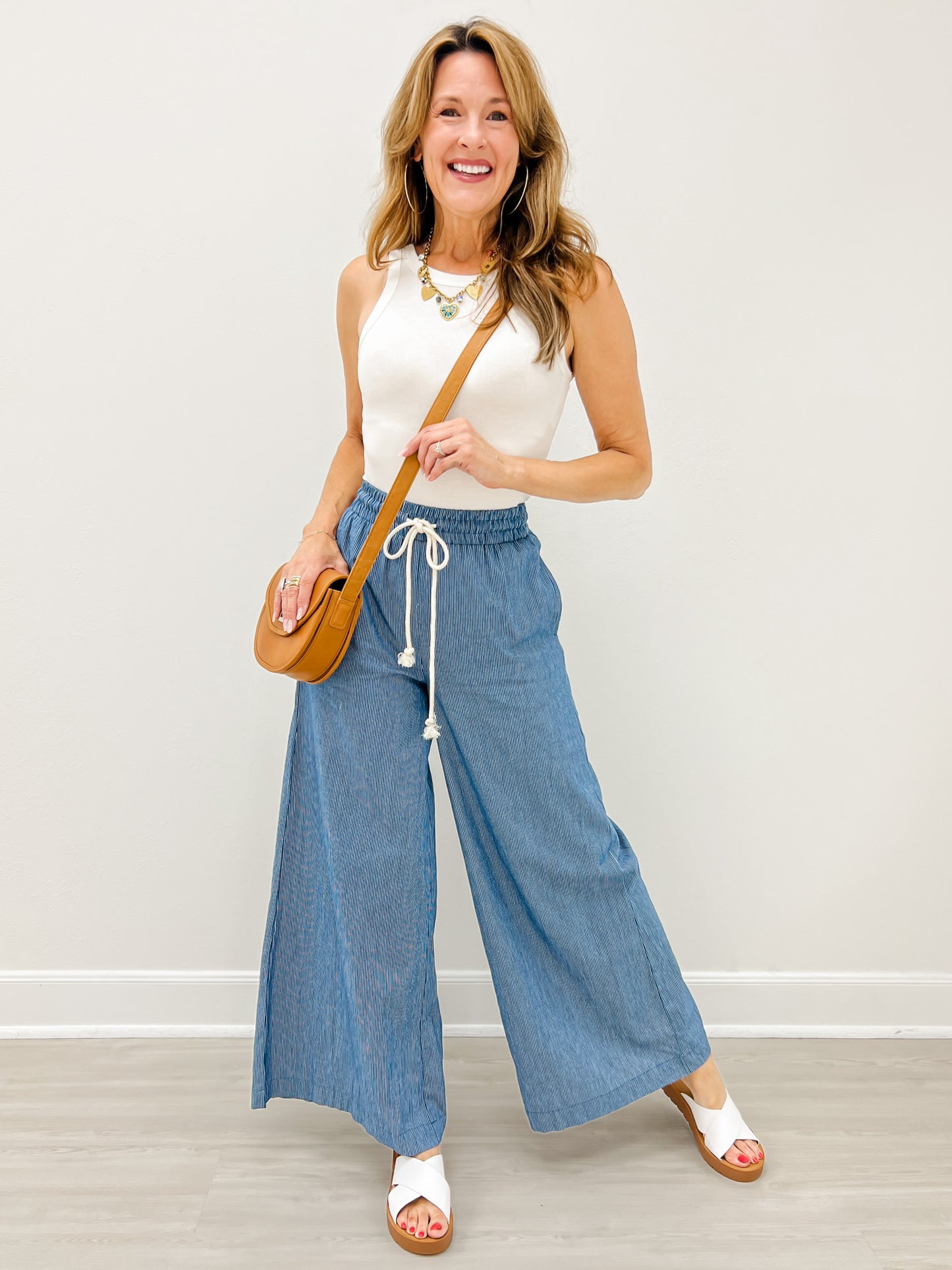 Washed Pinstriped Tie Waist Wide Leg Pants
