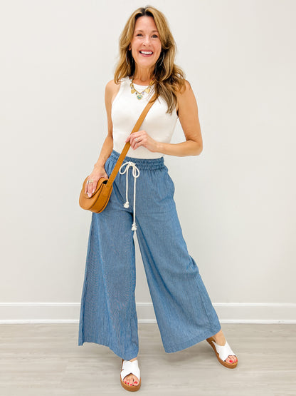 Washed Pinstriped Tie Waist Wide Leg Pants