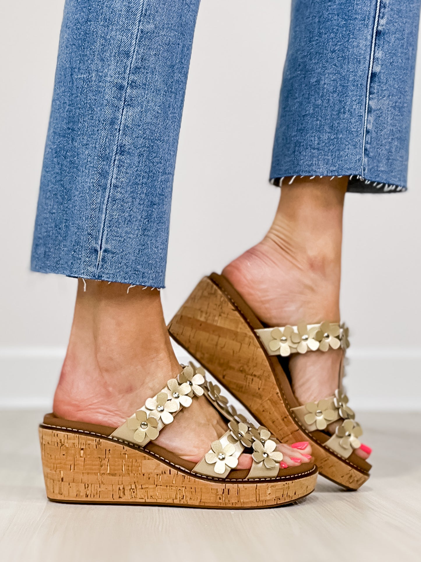 Corkys Mic Drop Floral Embellished Wedges in Gold Metallic