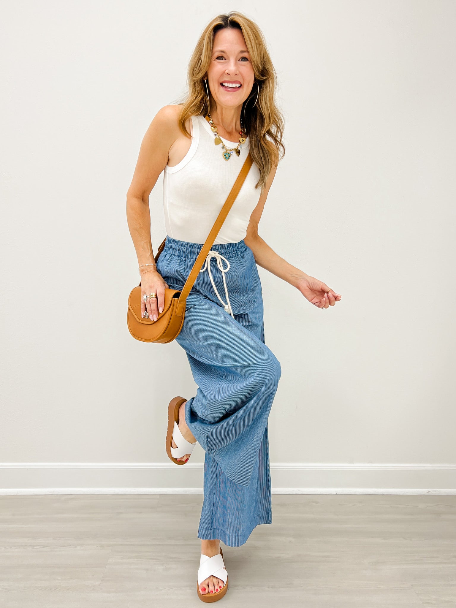 Washed Pinstriped Tie Waist Wide Leg Pants