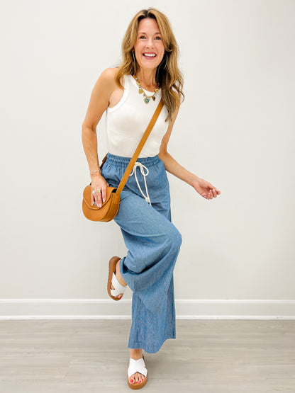 Washed Pinstriped Tie Waist Wide Leg Pants