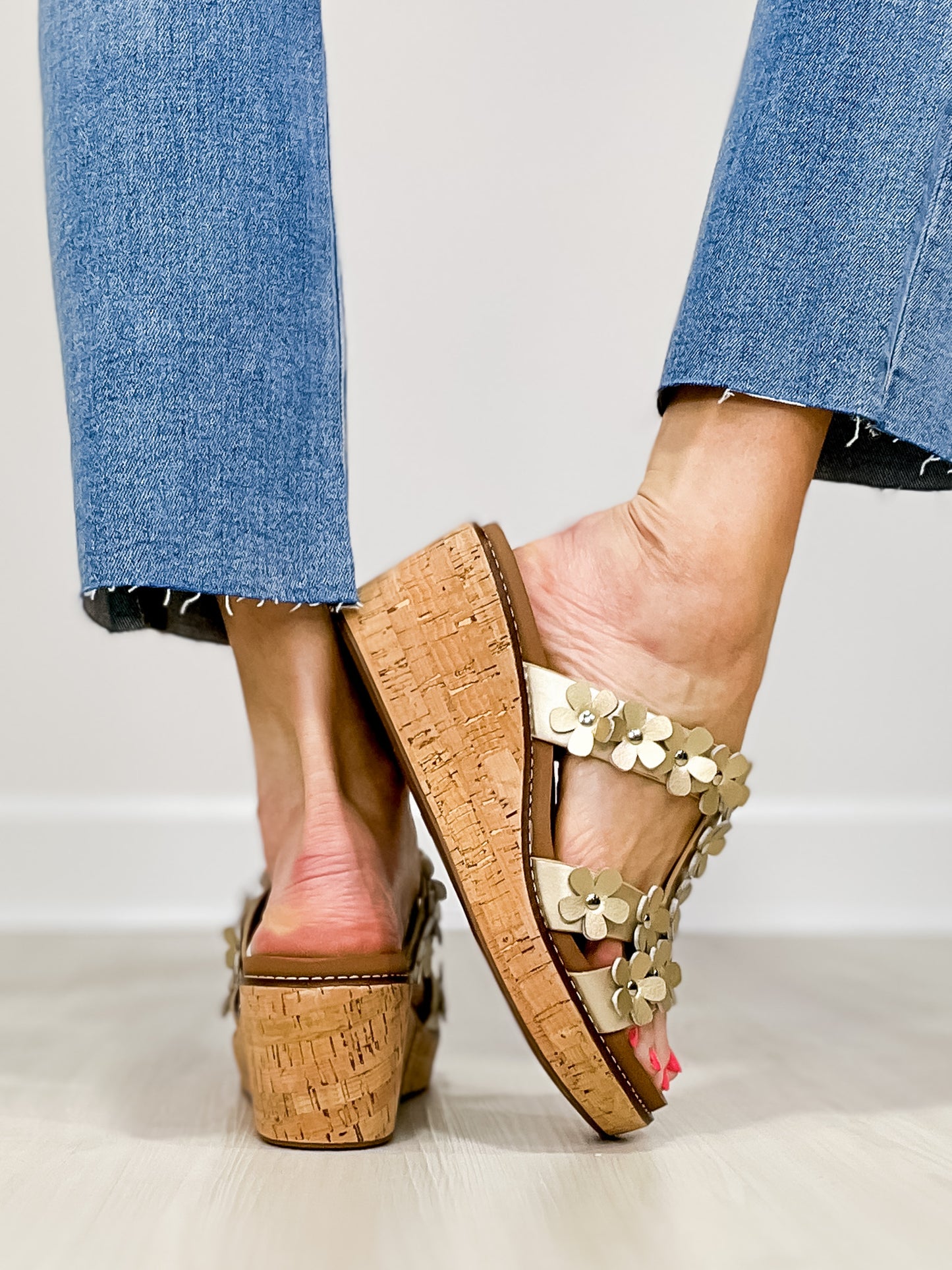 Corkys Mic Drop Floral Embellished Wedges in Gold Metallic