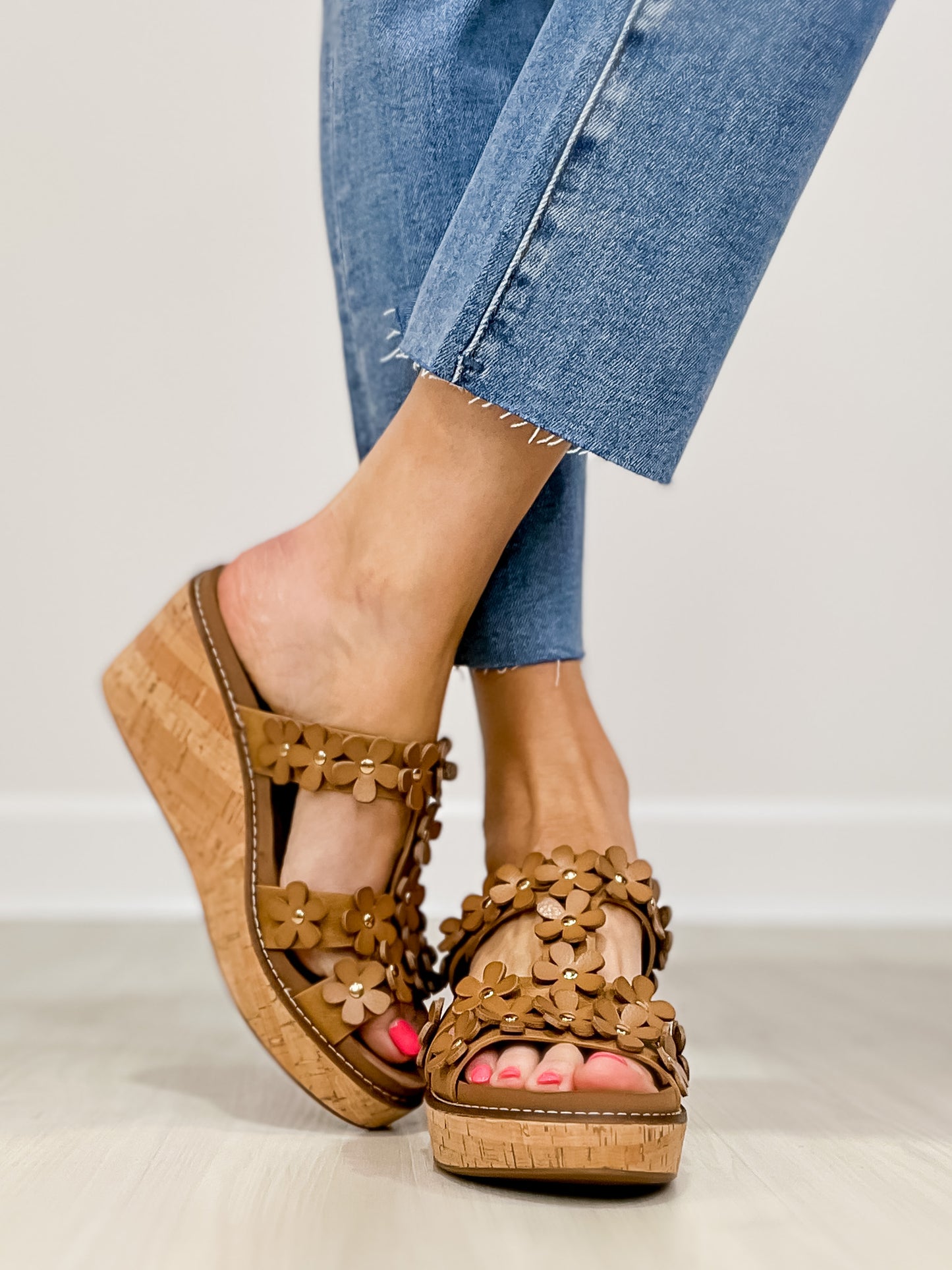 Corkys Mic Drop Floral Embellished Wedges in Caramel