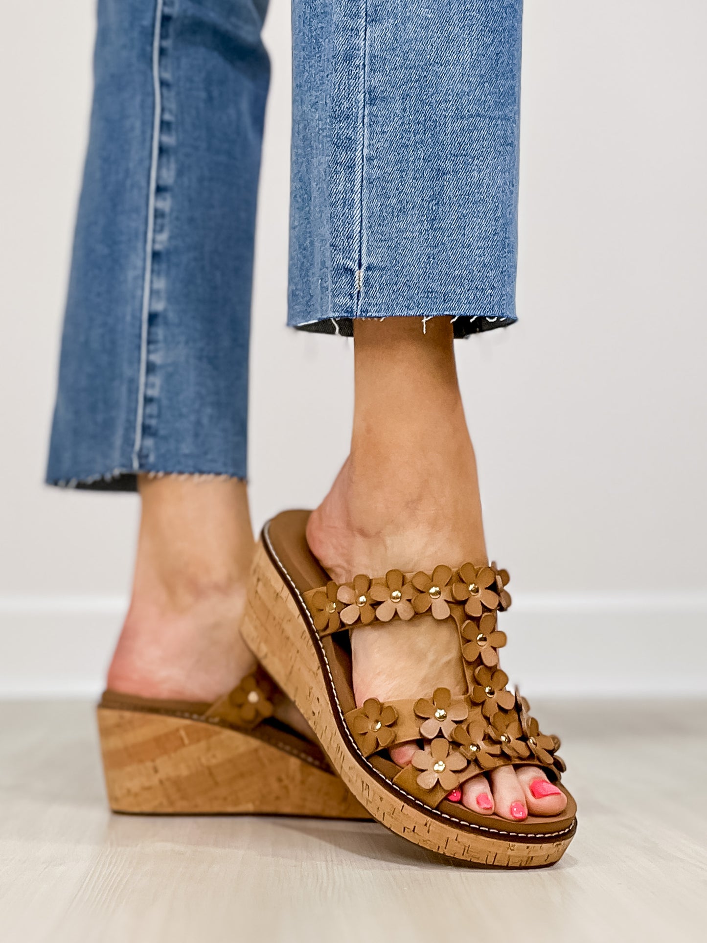 Corkys Mic Drop Floral Embellished Wedges in Caramel