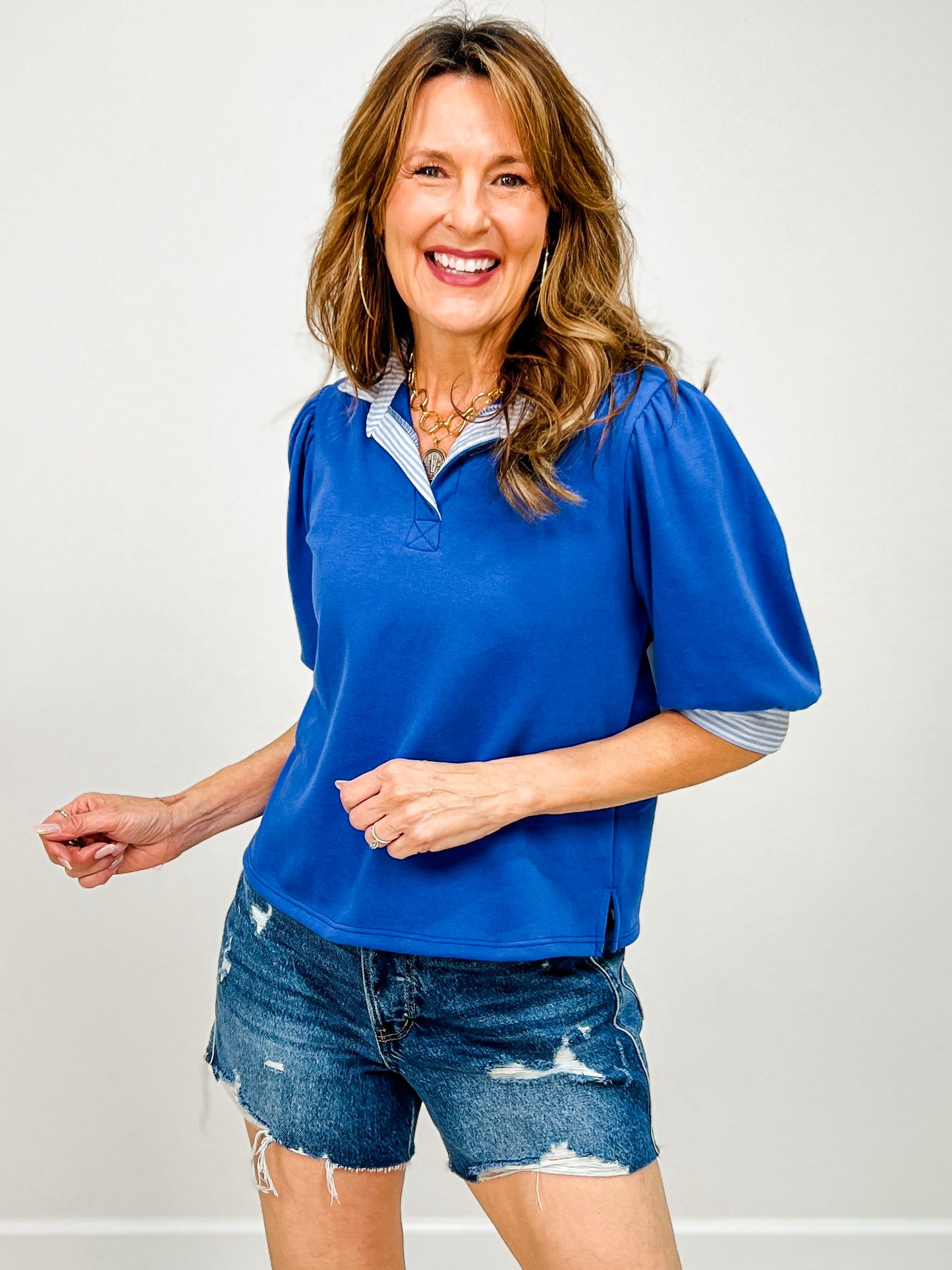 3/4 Solid Knit Top with Striped Contrast Top