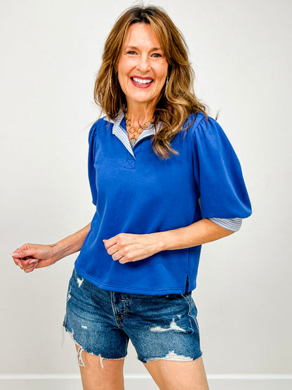 3/4 Solid Knit Top with Striped Contrast Top