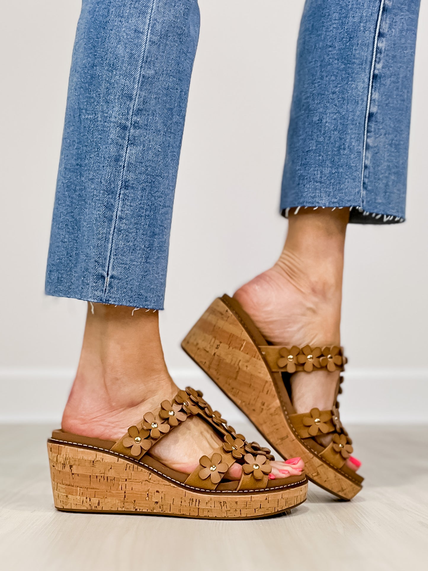 Corkys Mic Drop Floral Embellished Wedges in Caramel