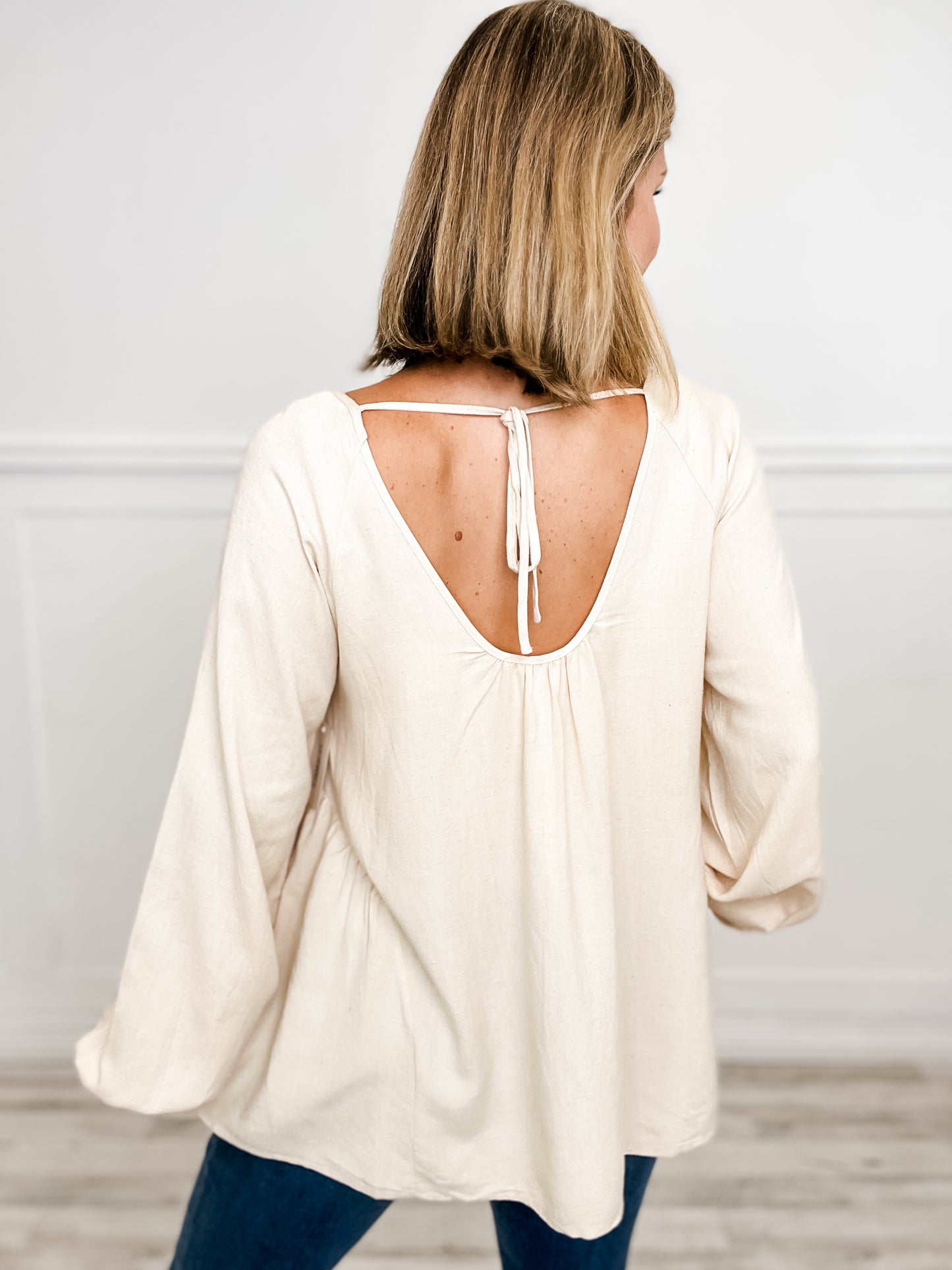 Round Neck Back Tie Flare Top