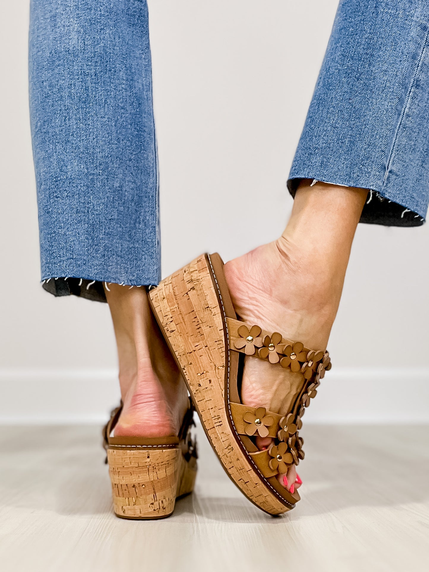 Corkys Mic Drop Floral Embellished Wedges in Caramel