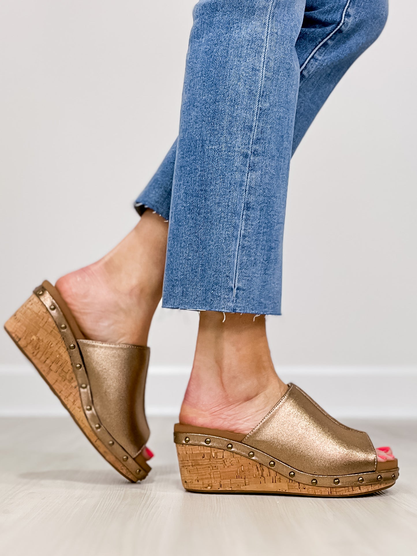 Corkys Hissy Fit Open Toe Cork Wedges in Bronze