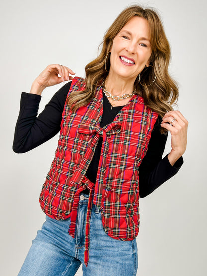 Quilted Plaid Ribbon Bow Tie Front Vest